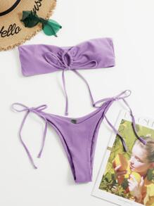 Self Tie Bandeau Top & High Cut Bottom Bikini Set, For Summer Beach Vacation - Purple - View 3