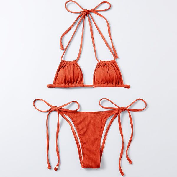 

Rib Halter Tie Side Bikini Swimsuit, Orange