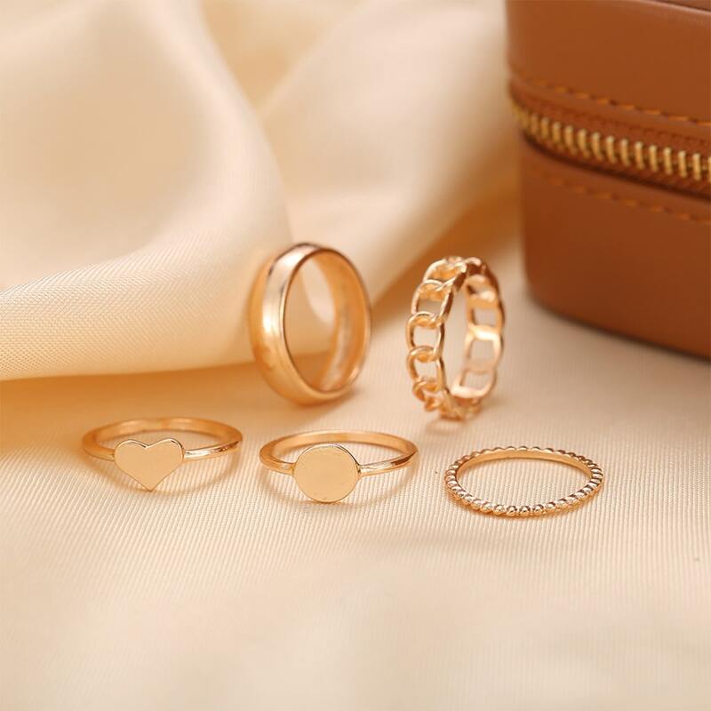 

5pcs Heart Decor Chain Ring, Gold