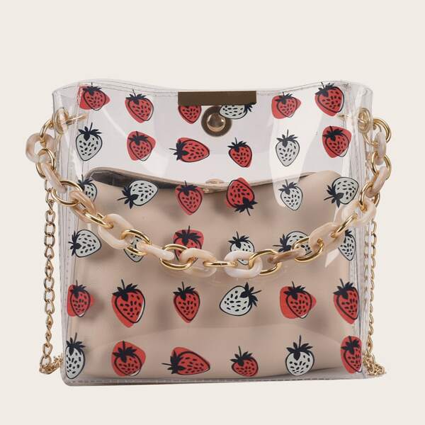 

Clear Strawberry Print Chain Bag