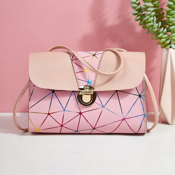 

Geometric Graphic Push Lock Flap Crossbody Bag, Pink