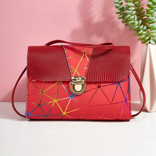 

Geometric Graphic Push Lock Flap Crossbody Bag, Red