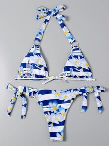 Summer Floral & Striped Halter Tie Side Bikini Set - Multicolor - View 2
