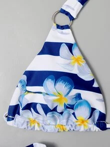 Summer Floral & Striped Halter Tie Side Bikini Set - Multicolor - View 6