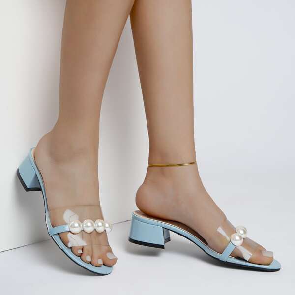 

Clear Faux Pearl Decor Mule Sandals, Dusty blue