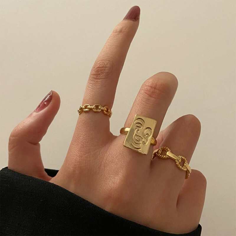 

3pcs Figure Engraved Geo Decor Ring, Gold
