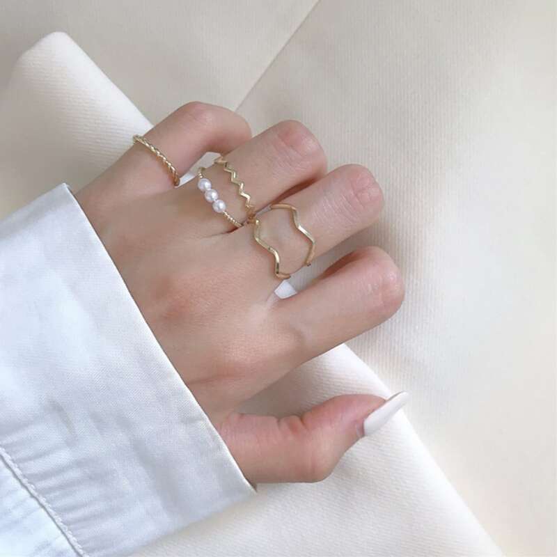 

5pcs Faux Pearl Scallop Ring, Gold