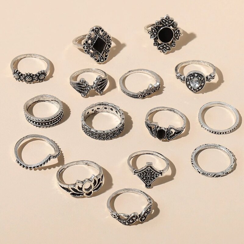

15pcs Gemstone Floral Ring, Antique silver