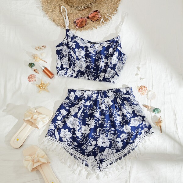 

Floral Print Cami Top & Tassel Hem Shorts Set, Blue and white