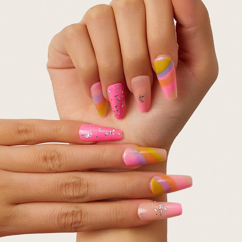 

24pcs Ombre Fake Nail & 1sheet Tape, Multicolor