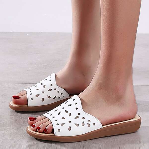 

Minimalist Hollow Out Slide Sandals, White