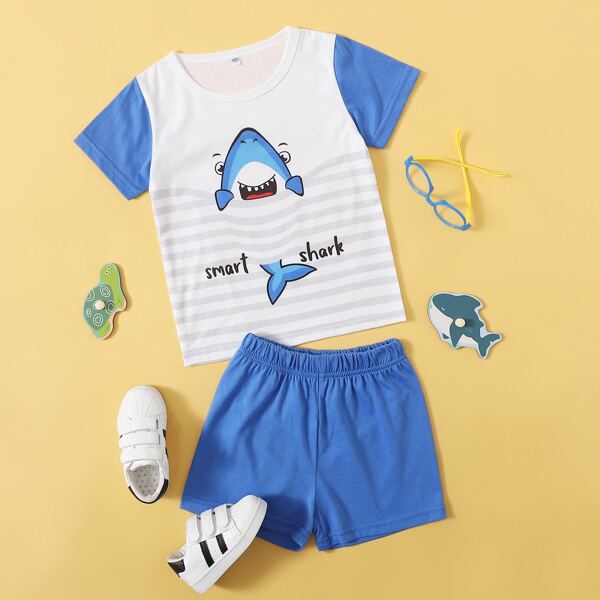 

Toddler Boys Cartoon Shark Print Tee With Shorts, Blue and white