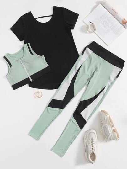 تي شيرت رياضي مع طماق بالوان متجانسة مع حمالة صدر رياضي بسستة للاعلى 3 قطع