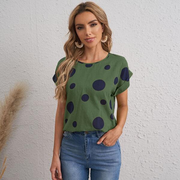 

Rolled Sleeve Polka Dot Top, Dark green