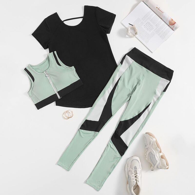 

3pack Zip Up Sports Bra & Color Block Leggings & Sports Tee, Multicolor