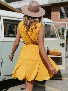 Simplee Tie Neck Ruffle Hem Swiss Dot Dress