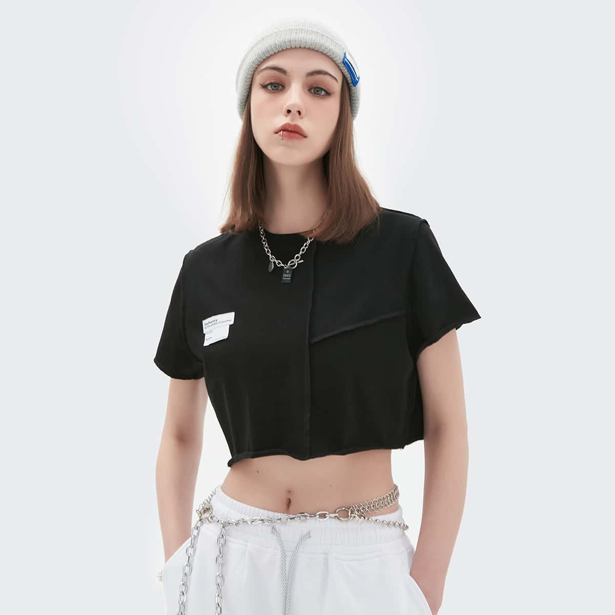 

Patched Detail Seam Front Tee, Black