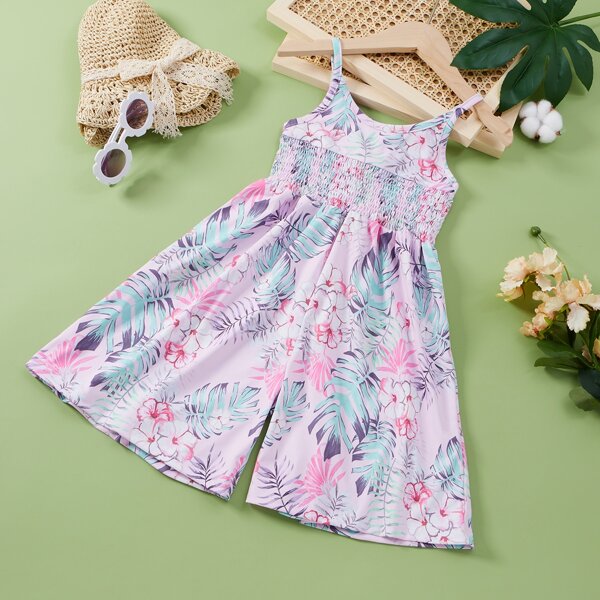 

Toddler Girls Tropical & Floral Print Shirred Waist Cami Jumpsuit, Multicolor