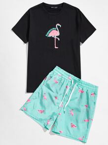 GENTILAND Men Letter Graphic Flamingo Top & Shorts Set - Multicolor - View 1