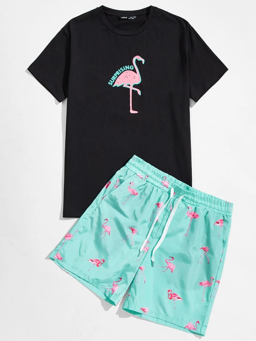 GENTILAND Men Letter Graphic Flamingo Top & Shorts Set - Multicolor - View 1