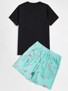 GENTILAND Men Letter Graphic Flamingo Top & Shorts Set - Multicolor - View 2