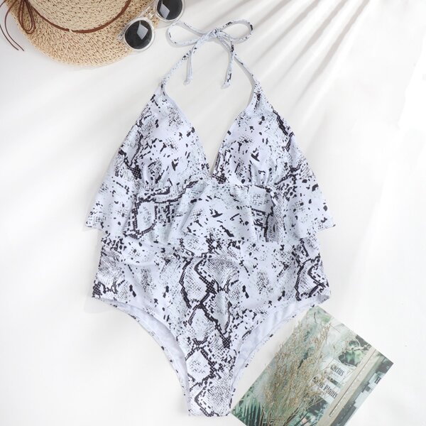 

Maternity Snakeskin Print Ruffle One Piece Swimsuit, Black and white