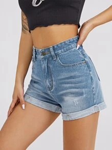 Cat Scratch Washed Denim Shorts - Light Wash - View 1