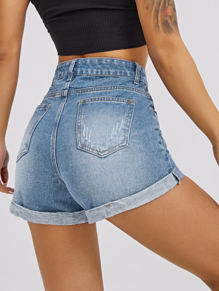 Cat Scratch Washed Denim Shorts - Light Wash - View 2