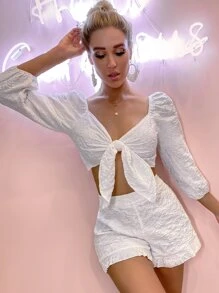 Chiquease Tie Front Jacquard Crop Top & Ruffle Shorts Set - White - View 3
