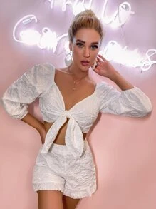 Chiquease Tie Front Jacquard Crop Top & Ruffle Shorts Set - White - View 6