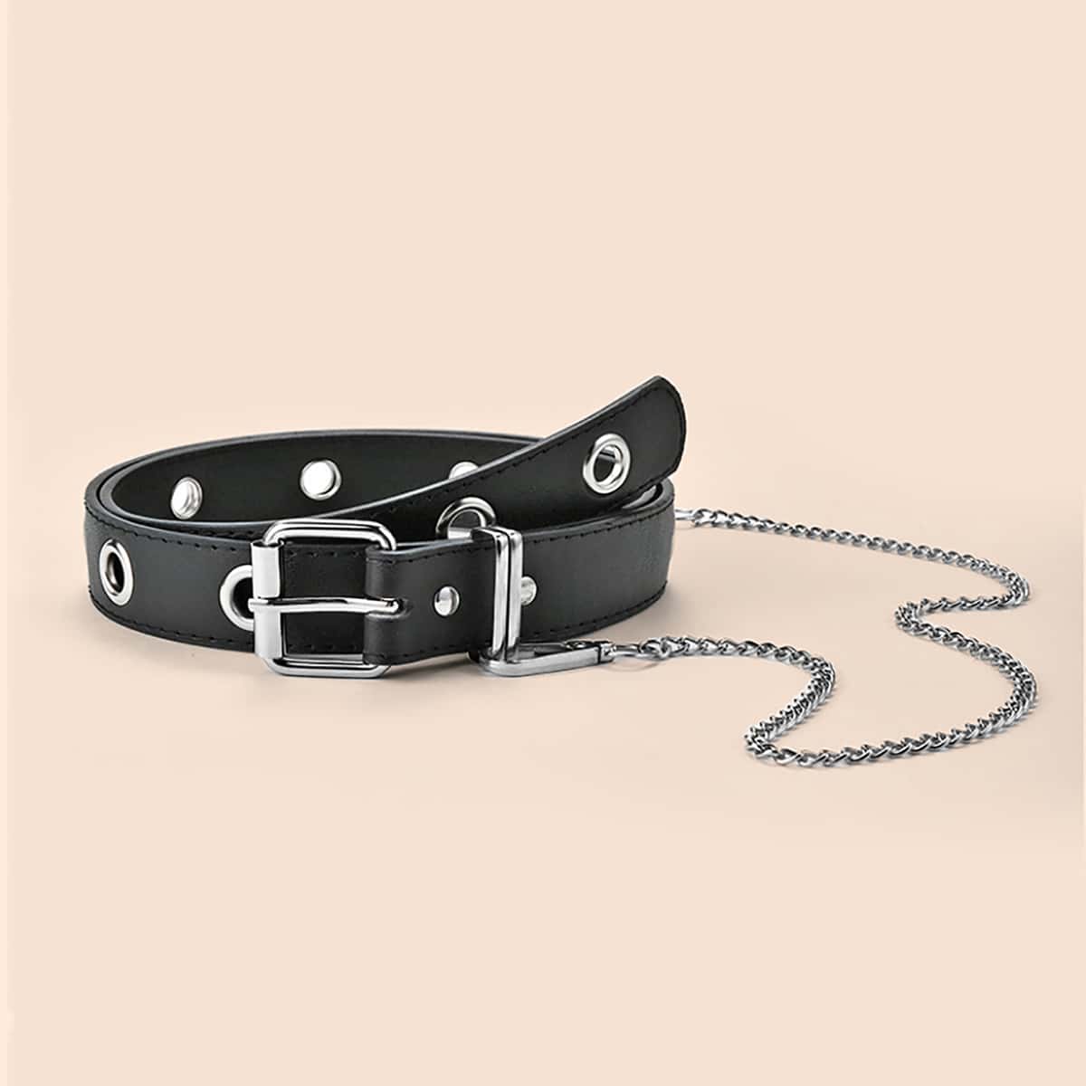 

Grommet Buckle Belt With Pants Chain, Black