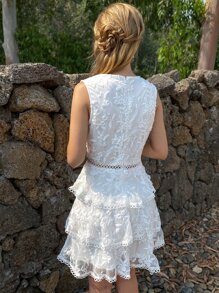 Eilly Bazar Layered Hem Embroidery Mesh Dress - White - View 2