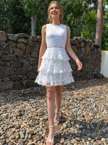 Eilly Bazar Layered Hem Embroidery Mesh Dress - White - View 5