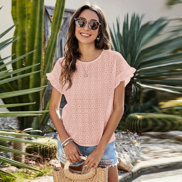 

Eyelet Embroidery Flounce Sleeve Blouse, Baby pink