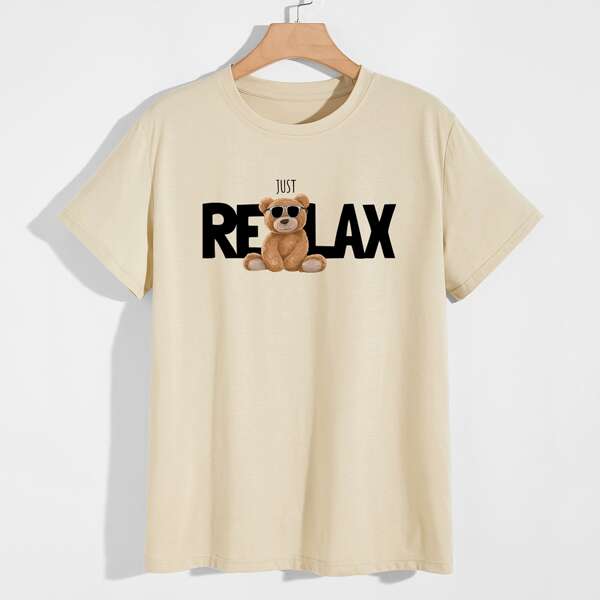

Men Cartoon Bear And Slogan Graphic Tee, Beige