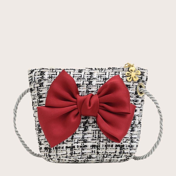 

Girls Bow Decor Tweed Crossbody Bag, Black and white