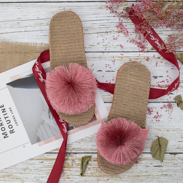 

Pom Pom Decor Espadrille Slides, Pink