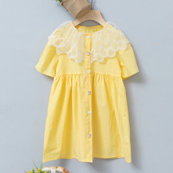 

Toddler Girls Lace Panel Button Front Smock Dress, Yellow