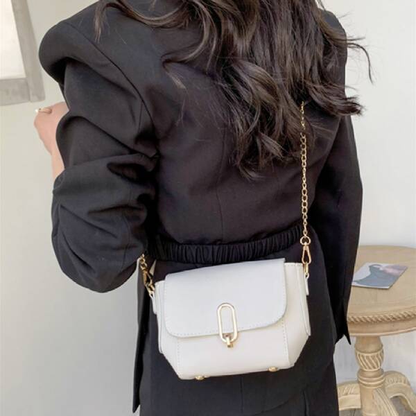 

Metal Lock Flap Chain Crossbody Bag, White