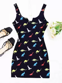 Notched Neck Dinosaur Print Dress - Multicolor - View 1