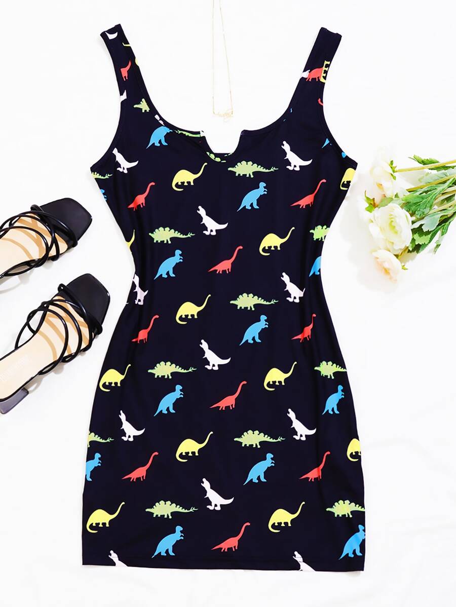Notched Neck Dinosaur Print Dress - Multicolor - View 1