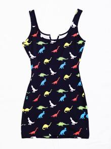 Notched Neck Dinosaur Print Dress - Multicolor - View 2