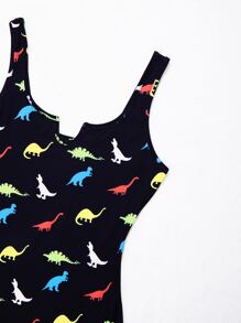 Notched Neck Dinosaur Print Dress - Multicolor - View 3