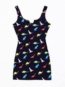 Notched Neck Dinosaur Print Dress - Multicolor - View 4