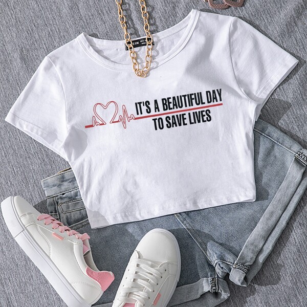

Slogan and Heart Print Top, White