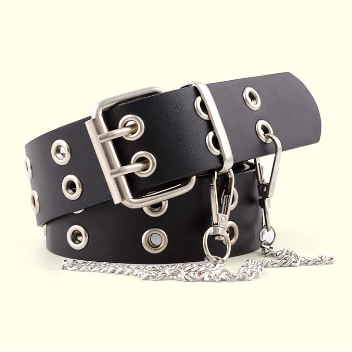 

Eyelet Buckle Belt With Pants Chain, Black
