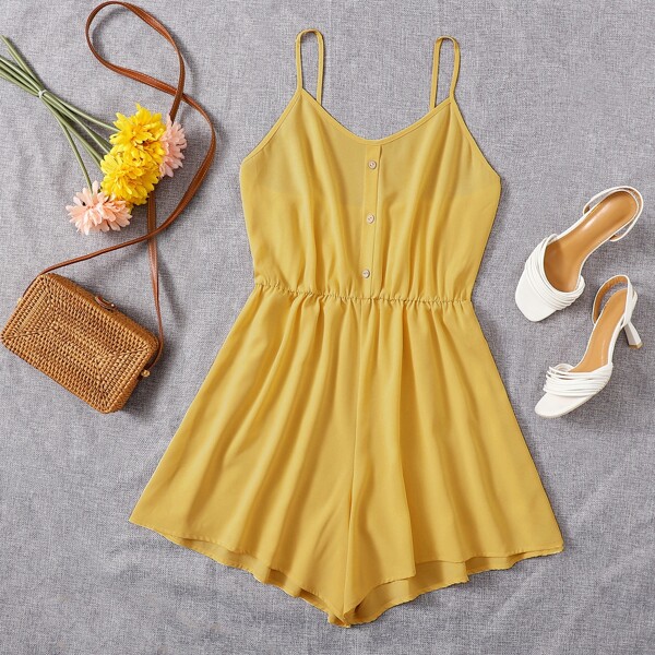 

Plus Solid Button Front Cami Romper, Yellow