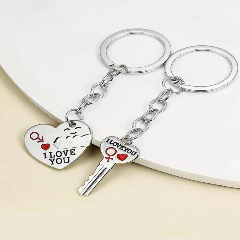 

2pcs Heart & Key Keychain, Silver