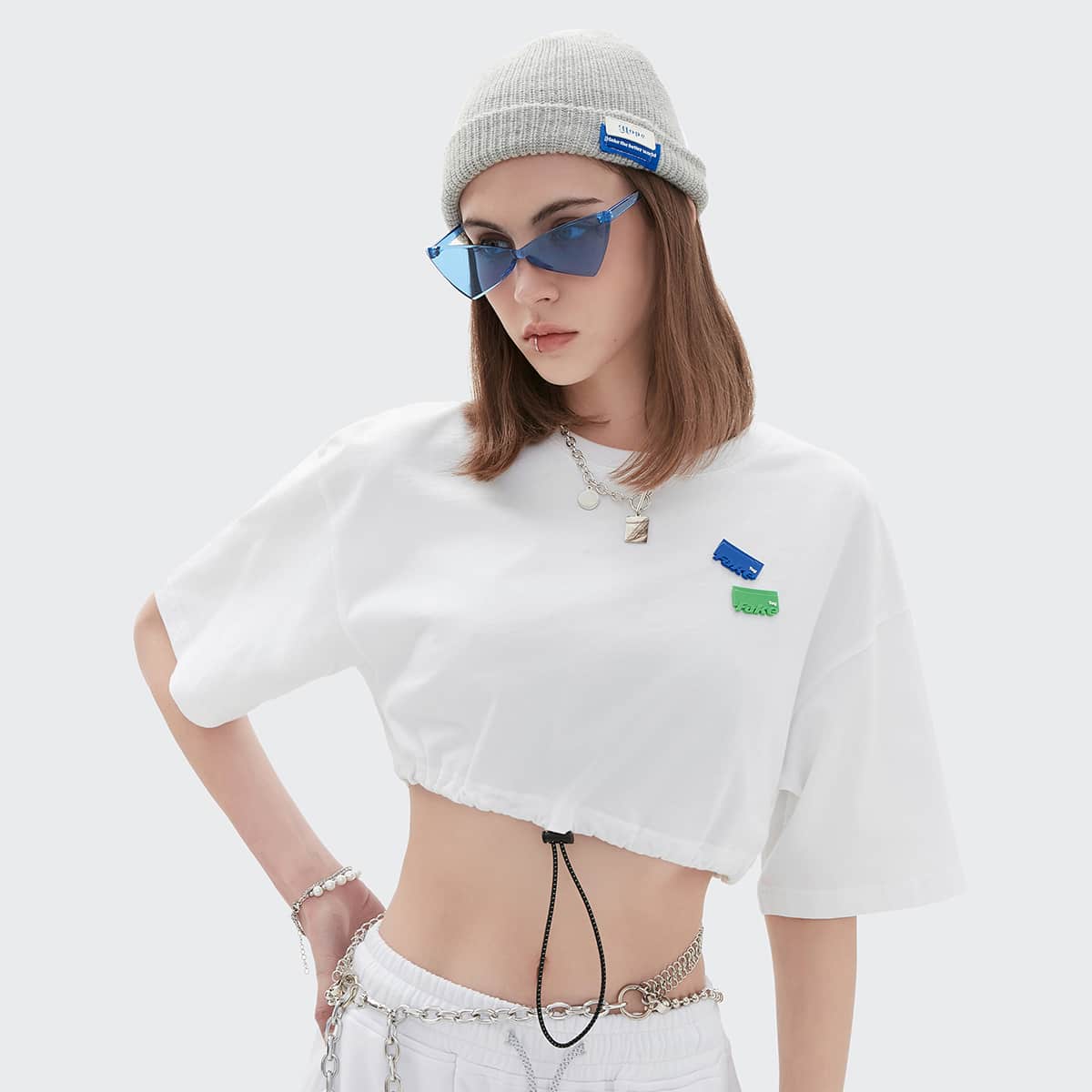 

Patched Detail Drawstring Hem Crop Tee, White