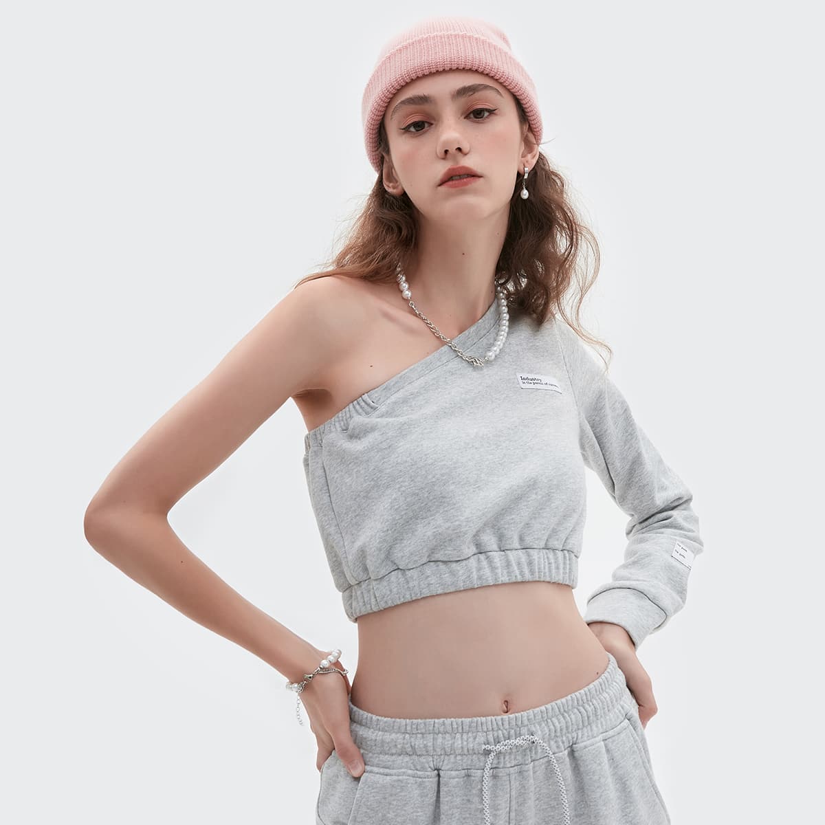 

One Shoulder Patched Detail Crop Pullover, Light grey